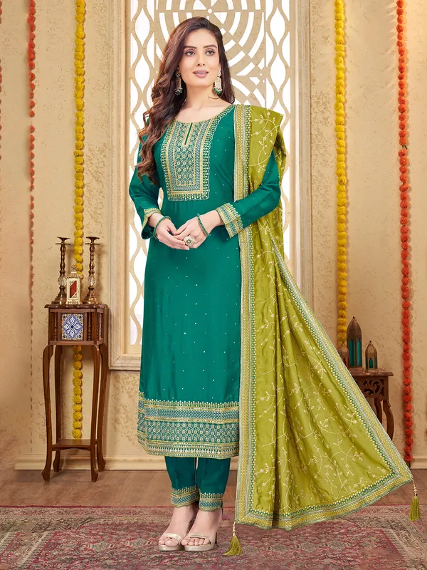 Dark green silk salwar suit with olive dupatta