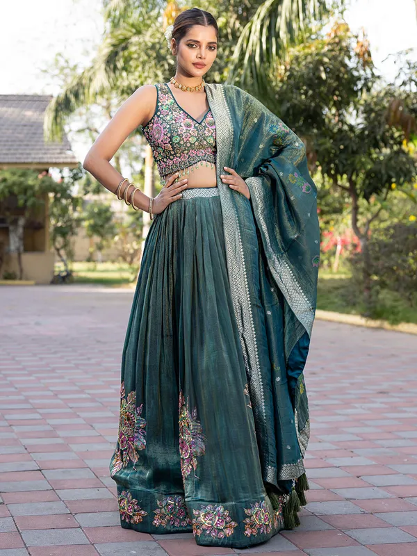 Dark green silk wedding wear lehenga choli