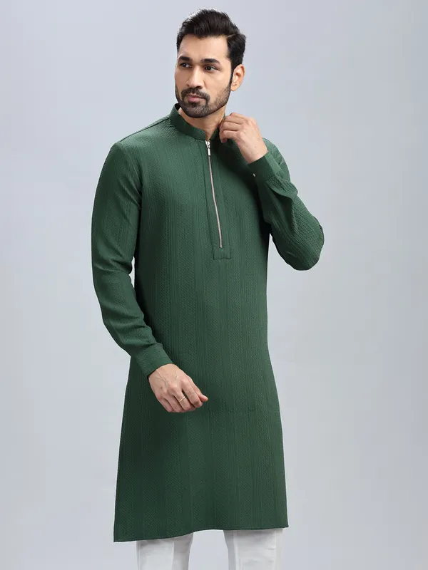 Dark green textured kurta set for men