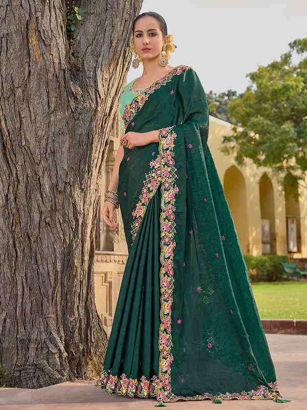Dark green tissue organza silk saree