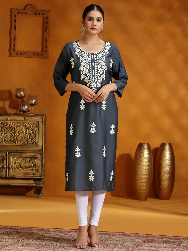 Dark grey casual cotton silk kurti for women