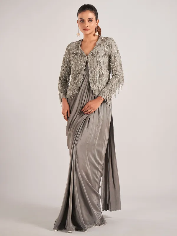 Dark grey chinon silk jacket style saree