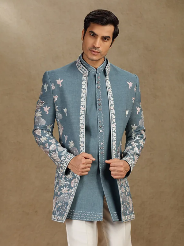 Dark grey cotton indo western for wedding wear