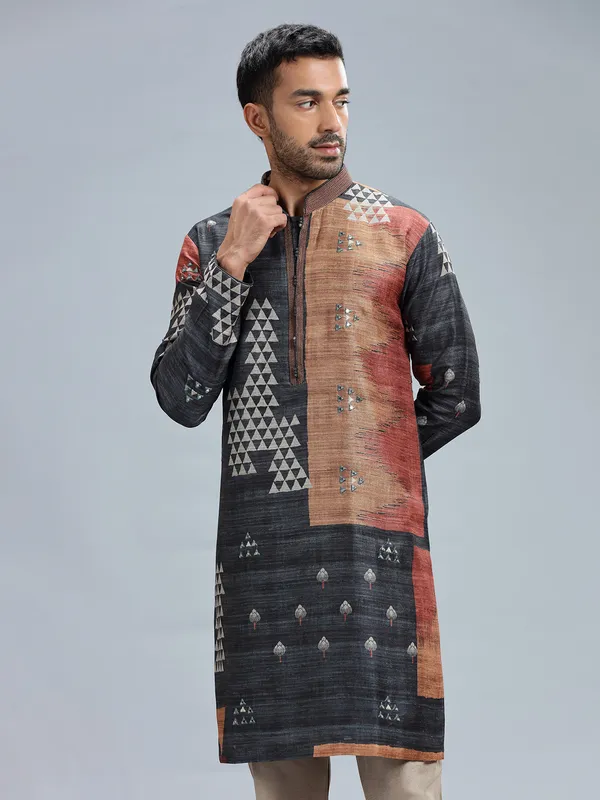 Dark grey cotton silk printed kurta pajama for men