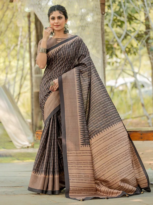 Dark grey kozi silk saree with prints
