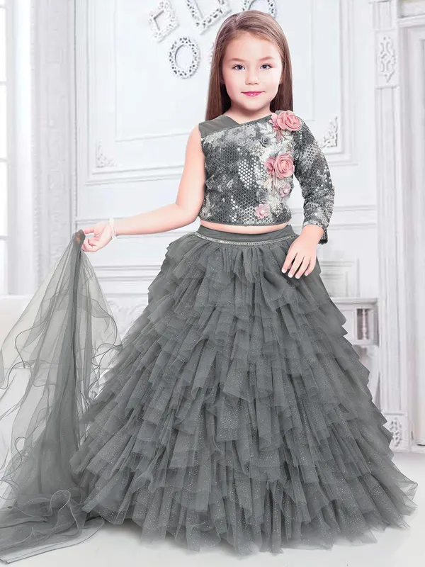 Dark grey net wedding look lehenga choli for girls