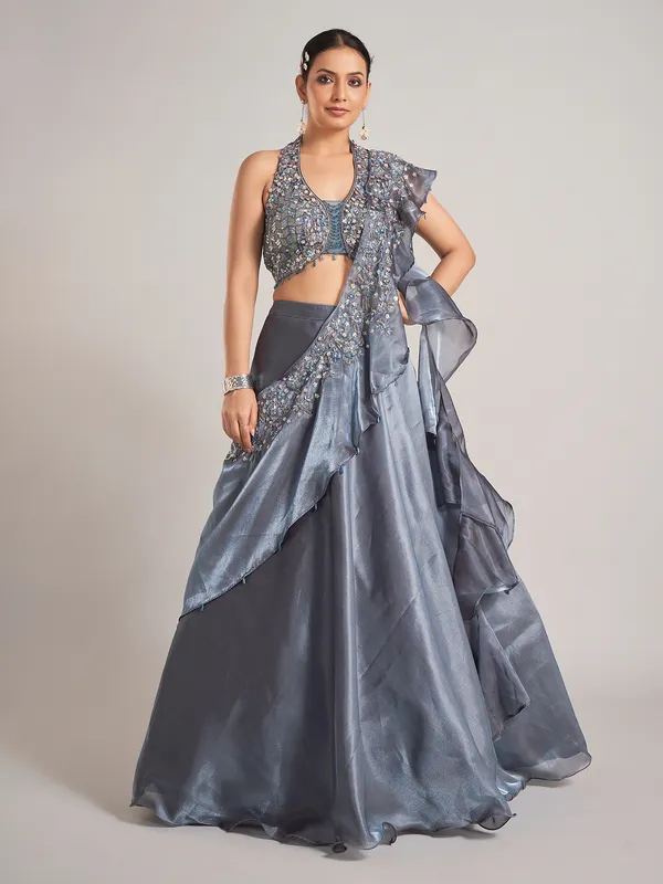 Dark grey organza lehenga choli with attetched dupatta