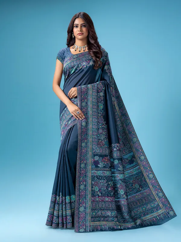 Dark grey pashmina silk saree for wedding wear