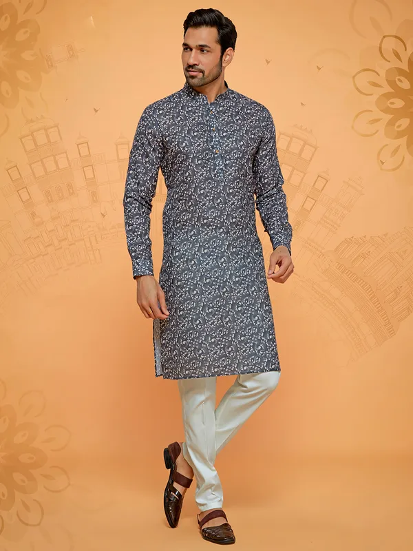 Dark grey printed kurta suit for men for festival