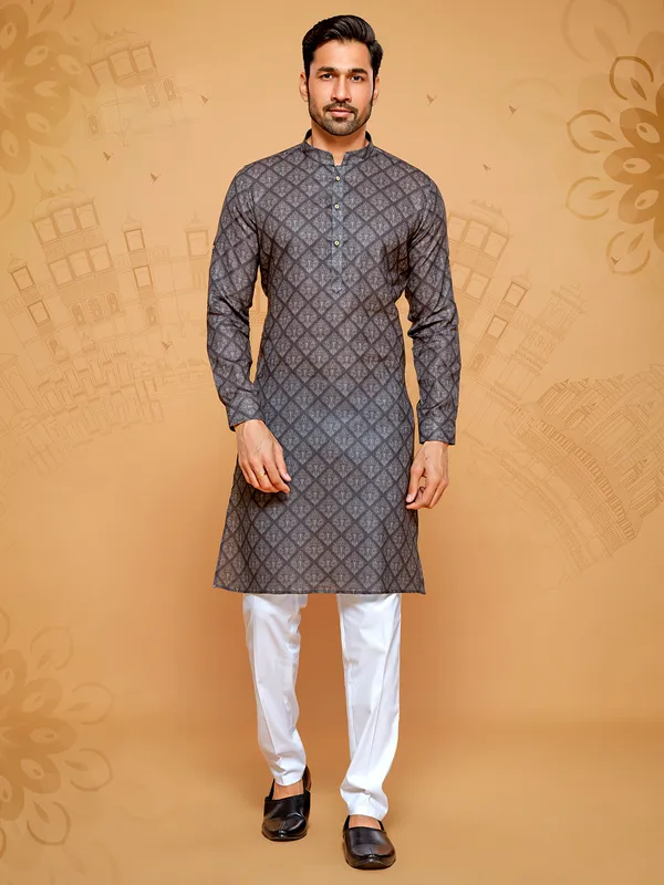 Dark grey printed kurta suit for men for men
