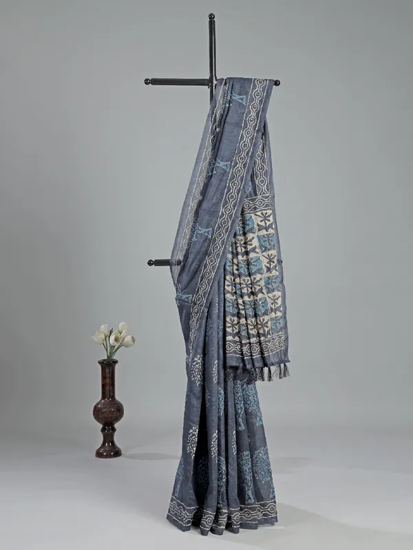 Dark grey printed semi cotton saree