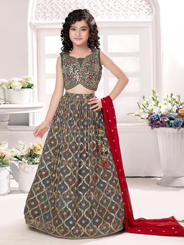 Dark grey printed silk lahenga choli
