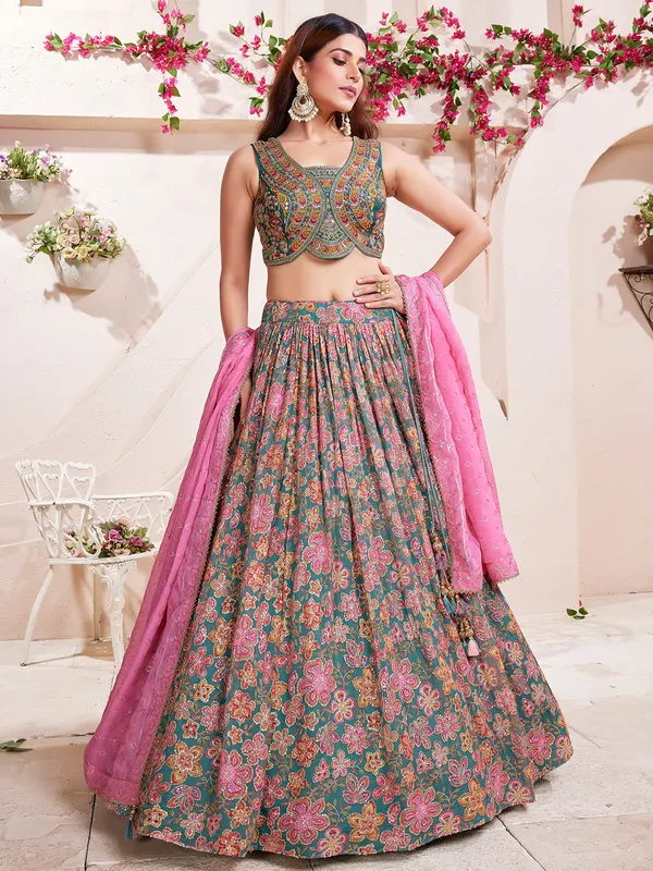 Dark Grey printed silk lehenga choli for women