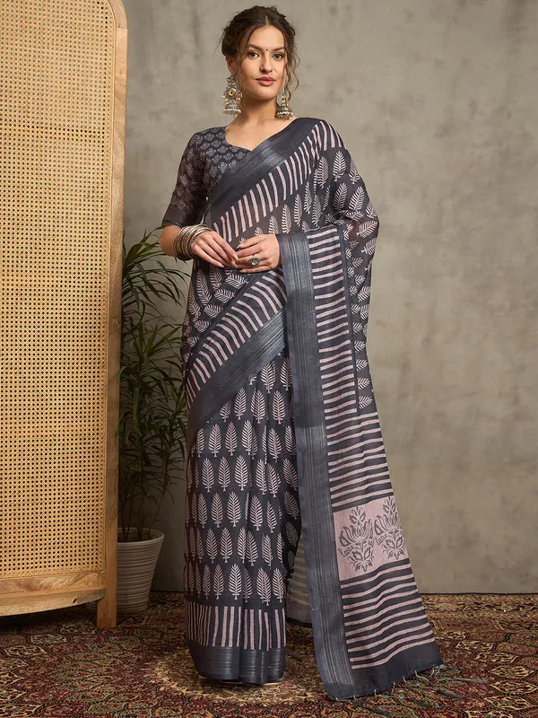 Dark grey pure linen saree with prints