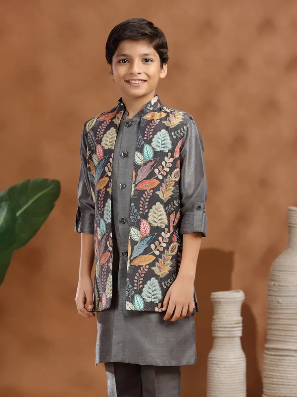 Dark grey raw silk printed waistcoat set