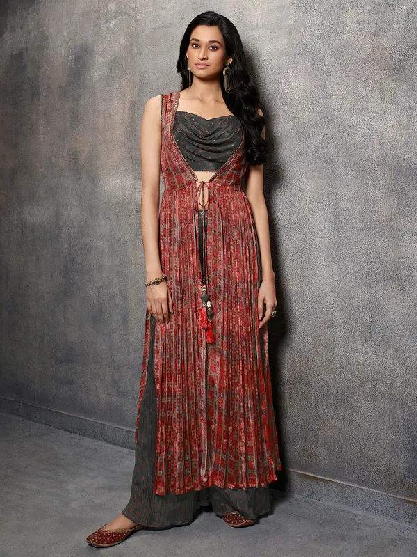 Dark grey silk printed jacket style palazzo suit