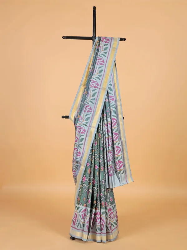 Dark grey silk saree in bandhej print