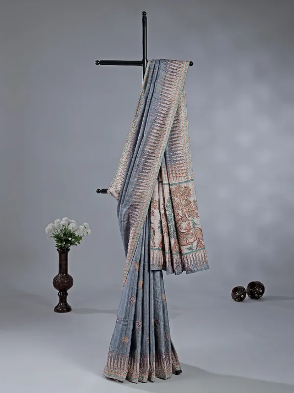 Dark grey silk saree with subtle thread highlights