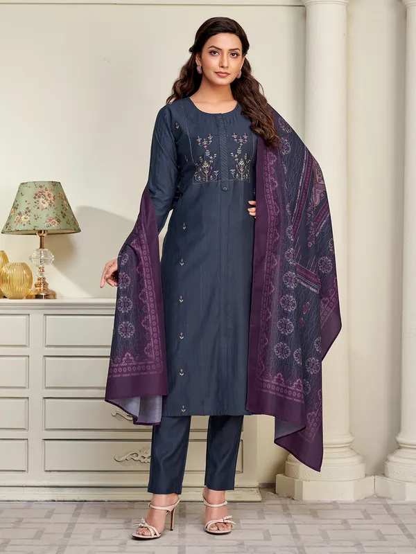 Dark grey silk yoke style embroidered salwar suit