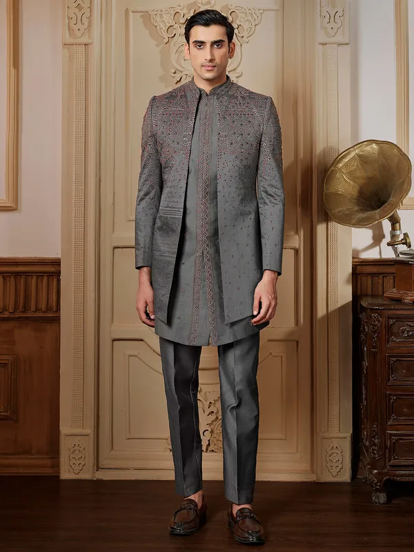 Dark grey terry rayon Indowestern for men