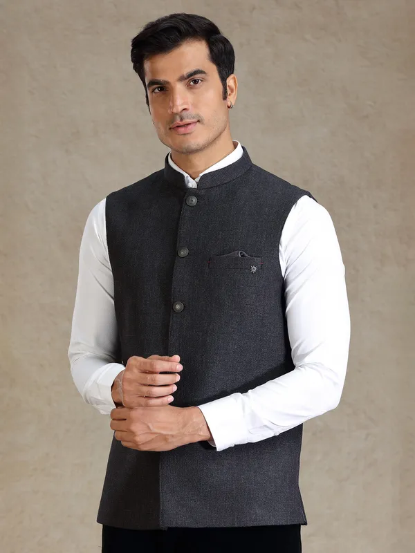 Dark grey textured nehru jacket in jute fabric