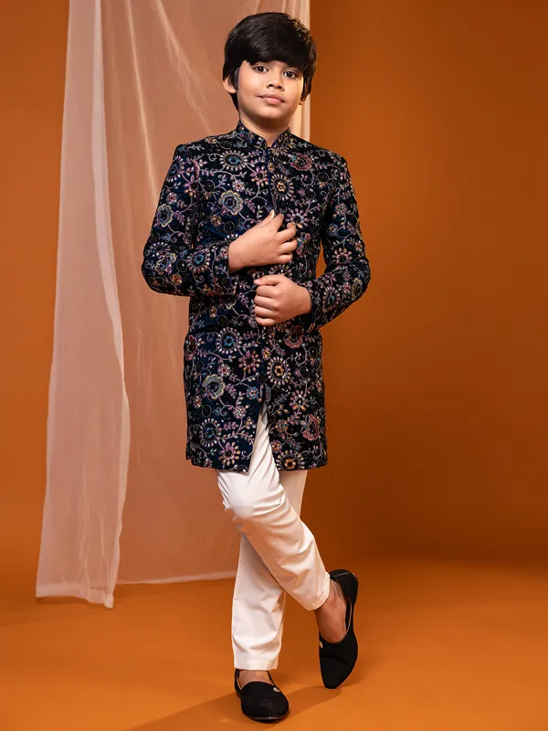 Dark navy hue velvet indo-western for wedding