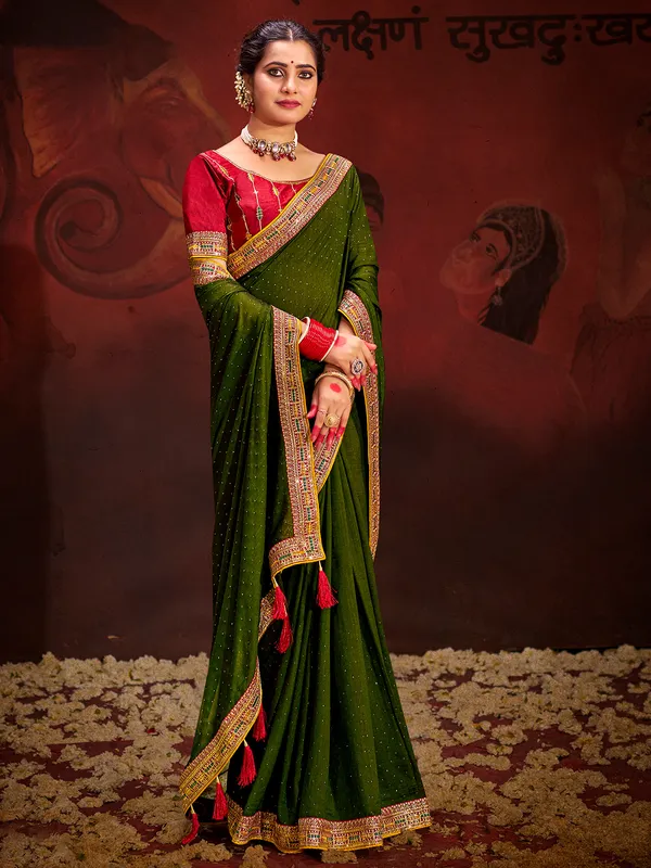 Dark olive festive silk saree