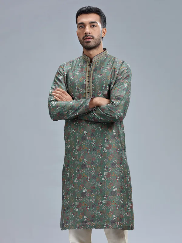 Dark olive printed silk kurta pajama for men