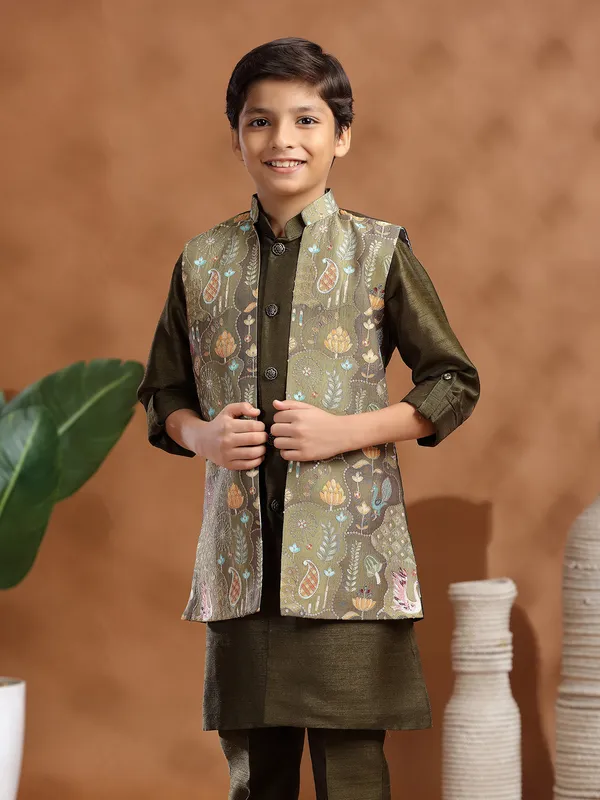 Dark olive raw silk resham work mehendi waistcoat set