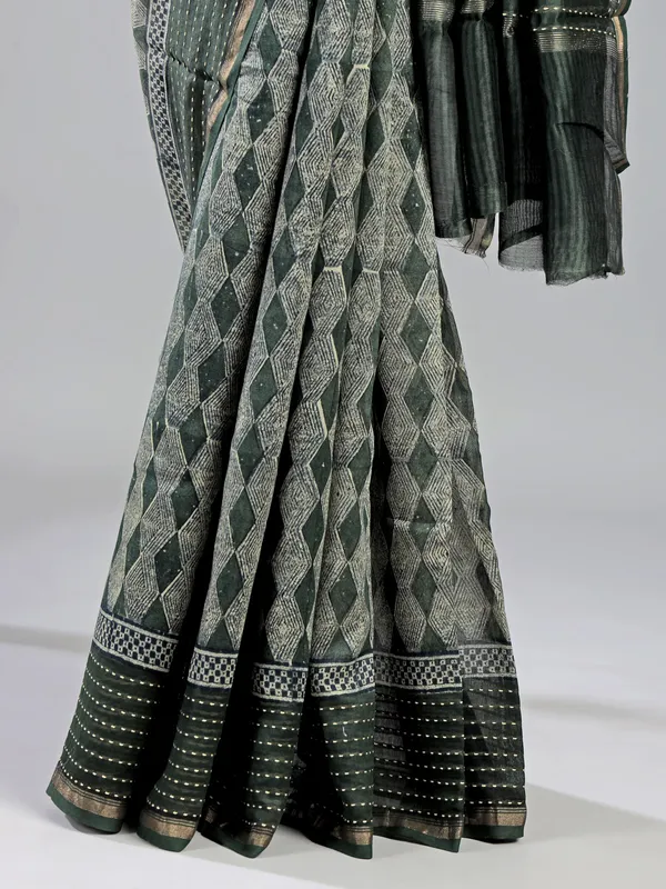 Dark olive semi cotton saree with thread work