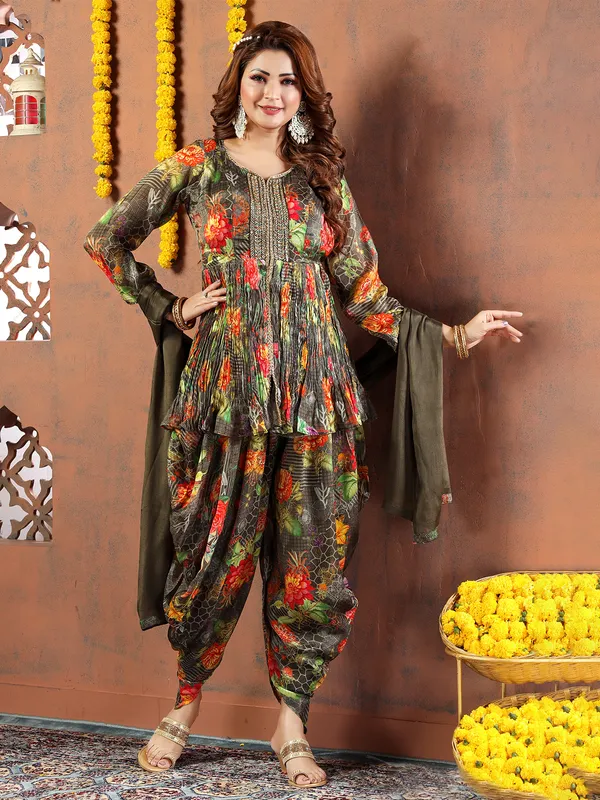 Dark olive silk printed dhoti suit