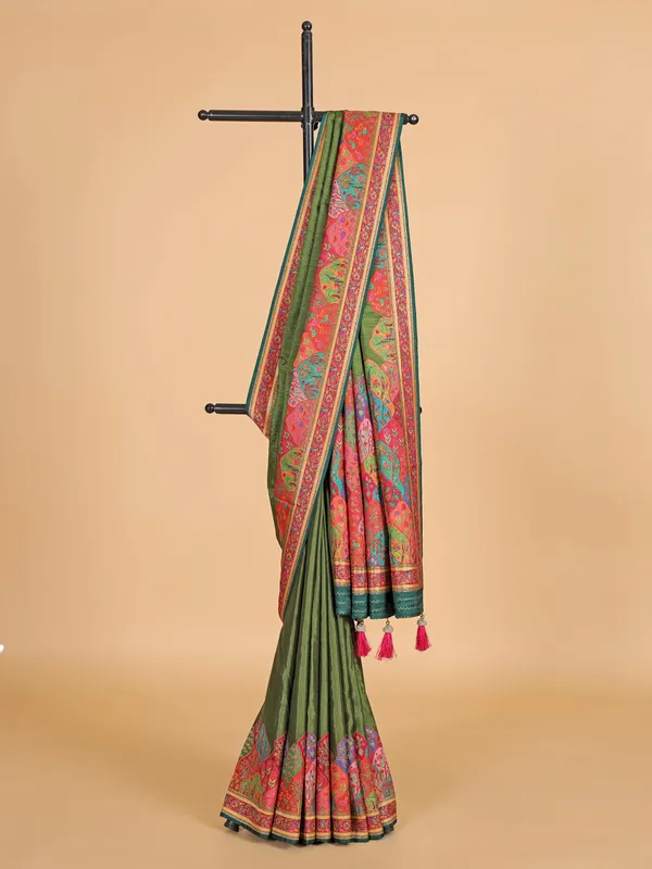 Dark olive silk saree with attractive border