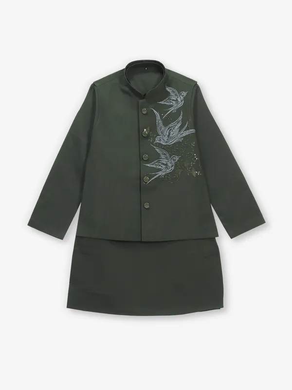 Dark olive terry rayon waistcoat set for boys