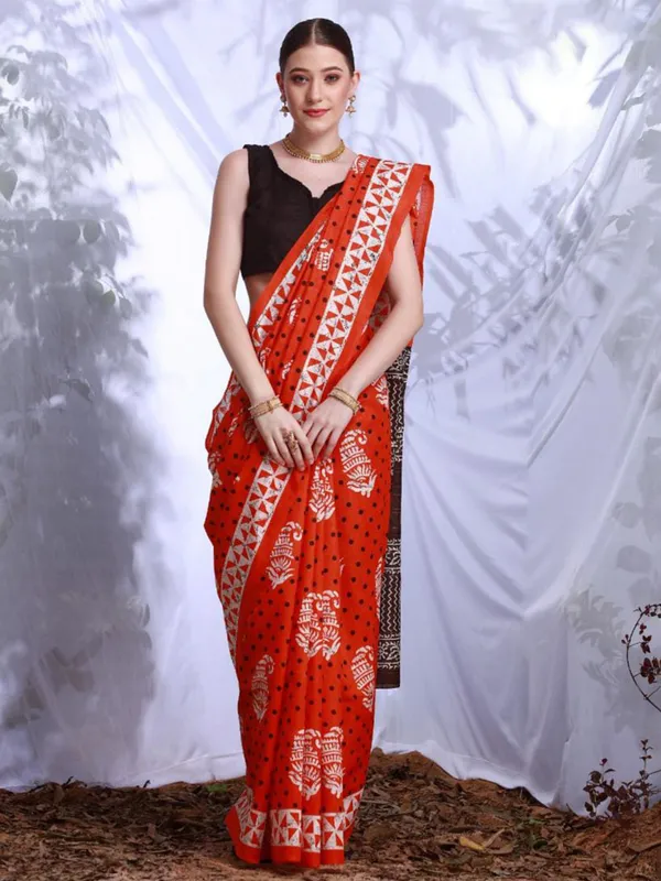 Dark orange printed bhagalpuri silk saree