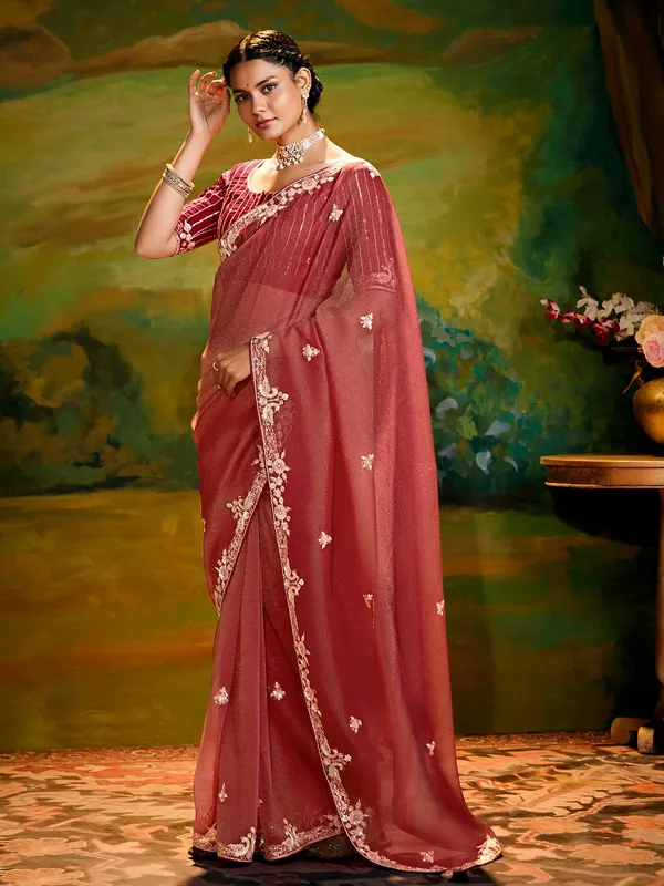 Dark peach chiffon saree for festival