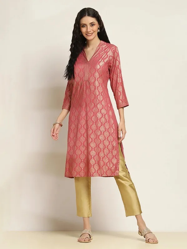 Dark peach cotton silk kurti with golden print