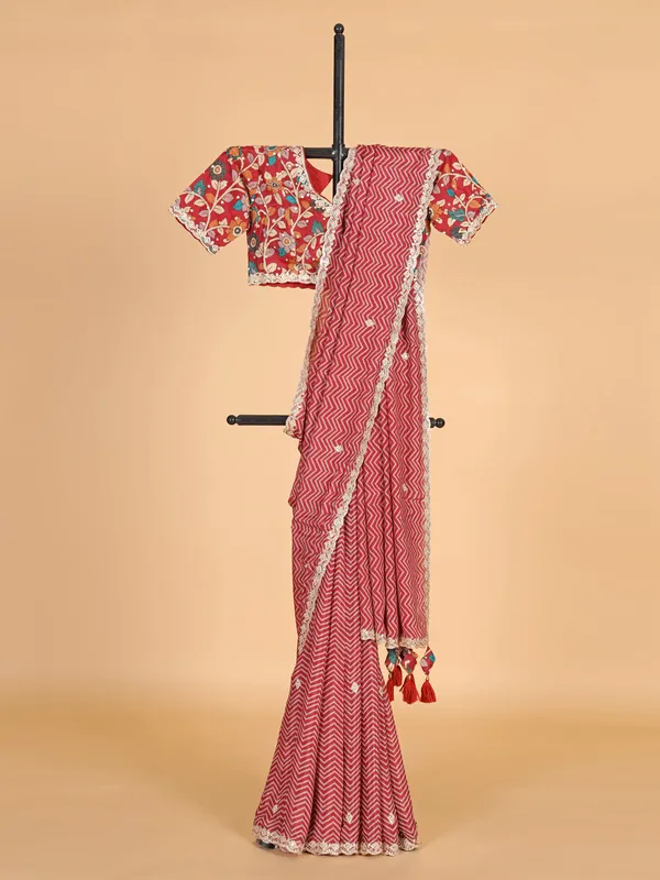 Dark peach muslin zig zag printed saree