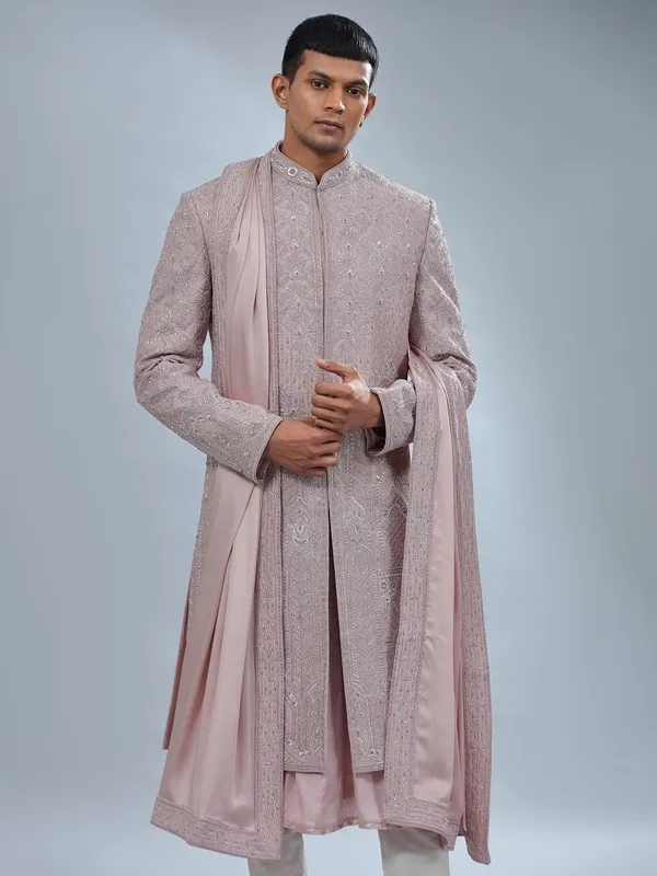 Dark peach peshwai style sherwani for groom