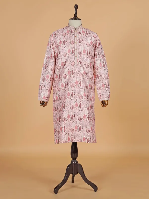 Dark peach printed cotton silk kurta suit for men