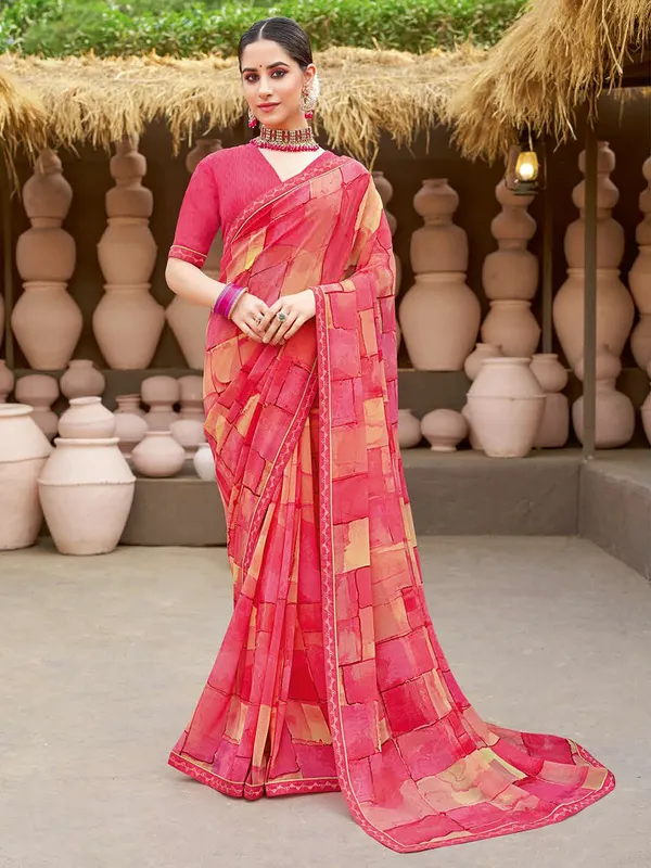 Dark peach printed georgette saree