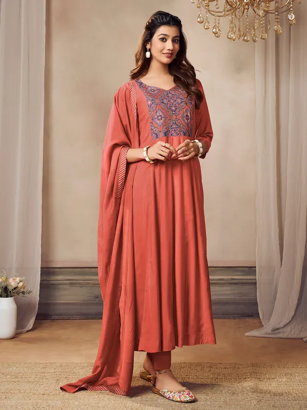 Dark peach silk kurti set for women