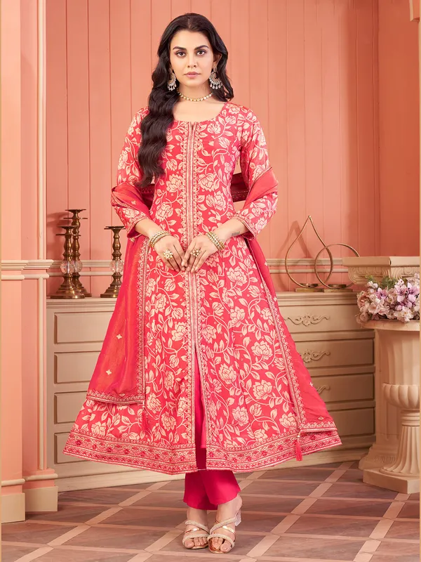 Dark peach silk printed salwar