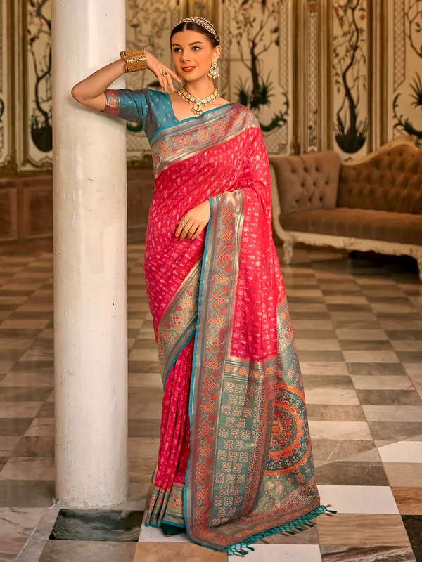 Dark pink banarasi silk printed saree