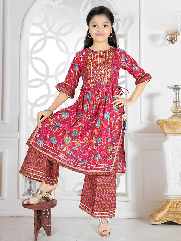 Dark pink floral printed cotton palazzo suit
