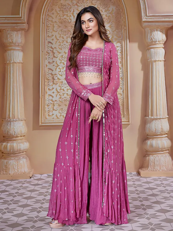 Dark pink georgette jacket style palazzo suit