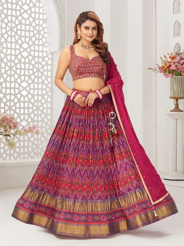 Dark pink printed silk lehenga choli