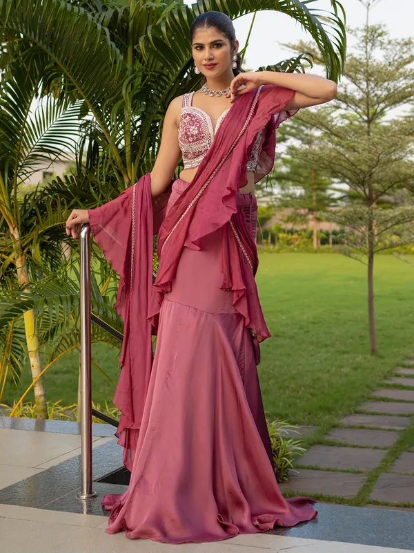 Dark pink satin silk ready to wear saree