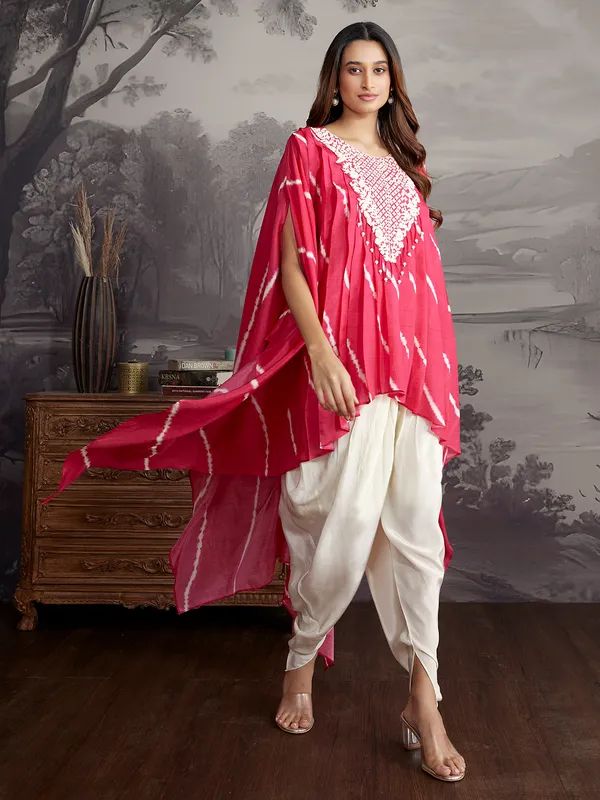 Dark pink silk printed dhoti salwar suit