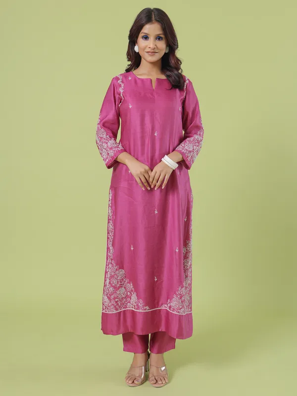 Dark pink silk straight kurti with pant