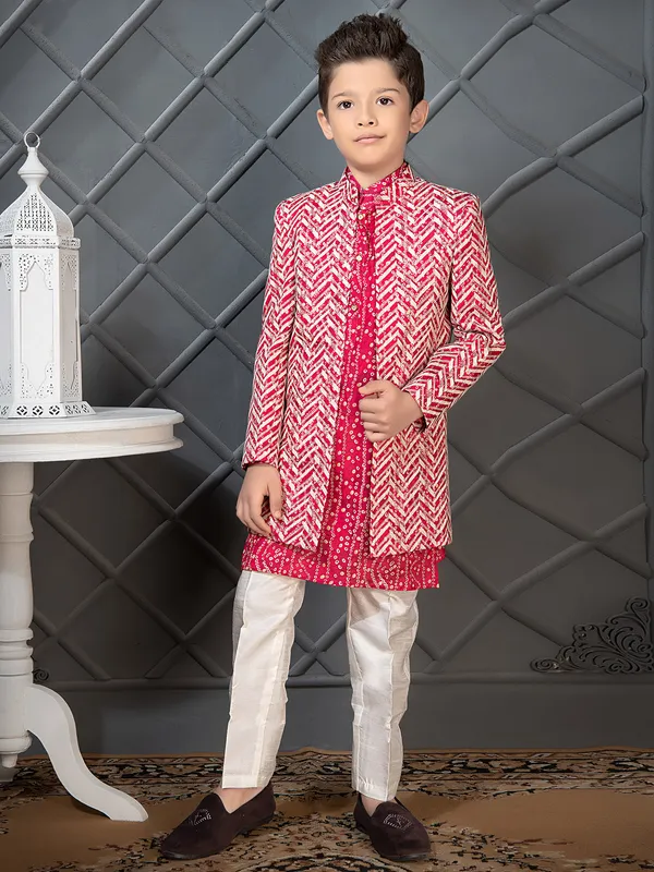 Dark pink wedding wear boys indowestern in silk